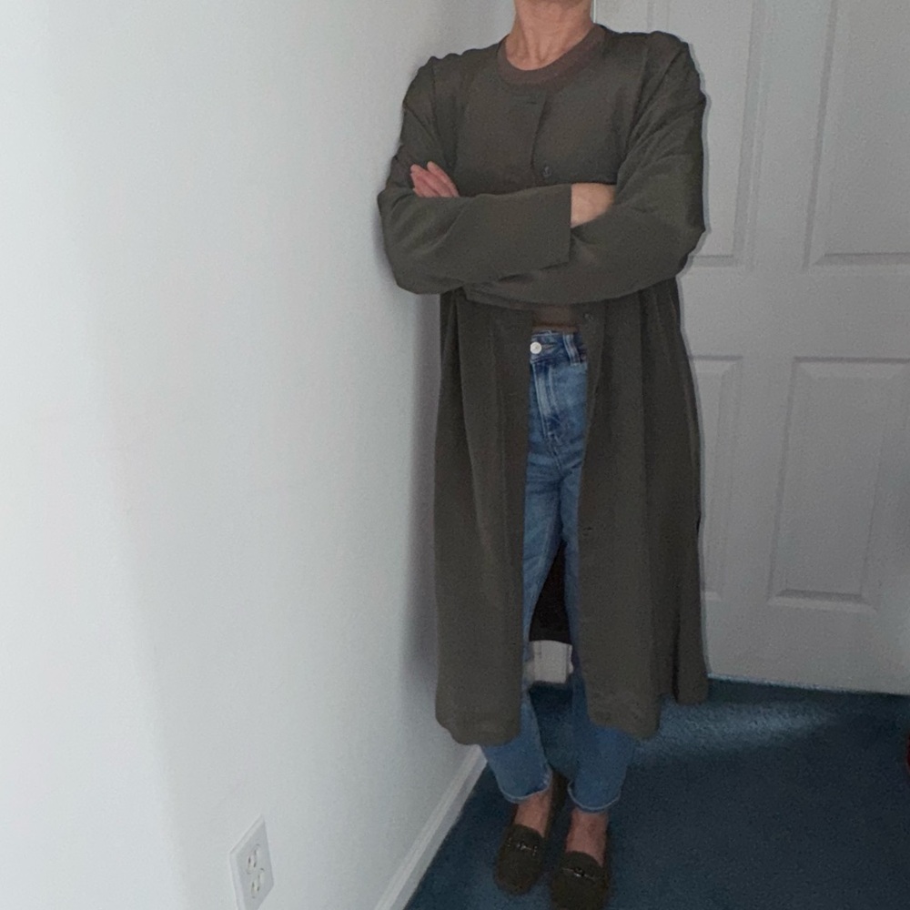 Nancy Heller Saks Fifth Avenue Silk Duster Coat Jacket Cardigan Olive Green L